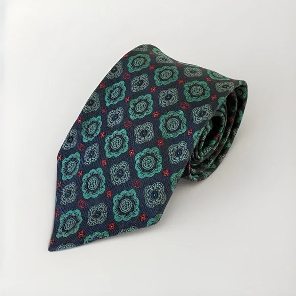 VTG GUCCI 100% Silk Tie Navy Green Medallion Print Vintage 1990s Made In Italy - Picture 1 of 14